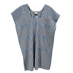 Striped blue dress with short sleeves and embroidered front panel