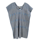 Striped blue dress with short sleeves and embroidered front panel