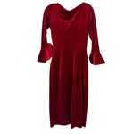 Red velvet midi dress, long bell sleeves, draped back neckline, pleated skirt