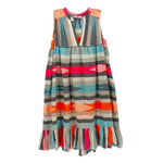 Gray and multicolor striped sleeveless dress with ruffled hem