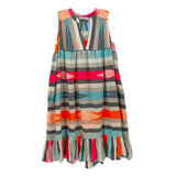 Gray and multicolor striped sleeveless dress with ruffled hem