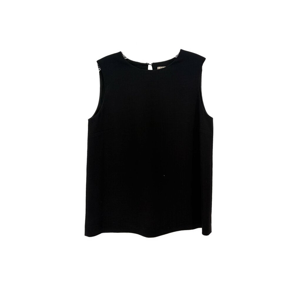 Black sleeveless top with round neckline
