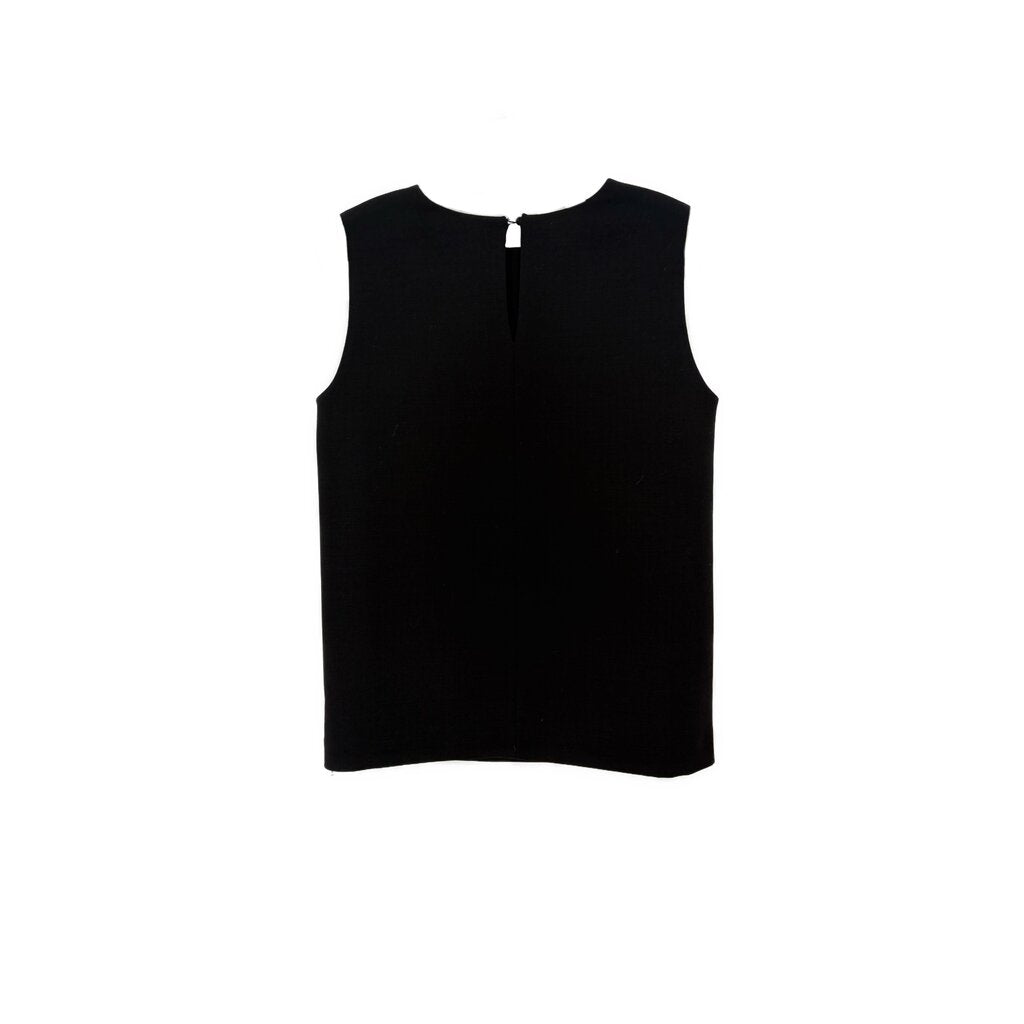 Black sleeveless top with center back zip detail