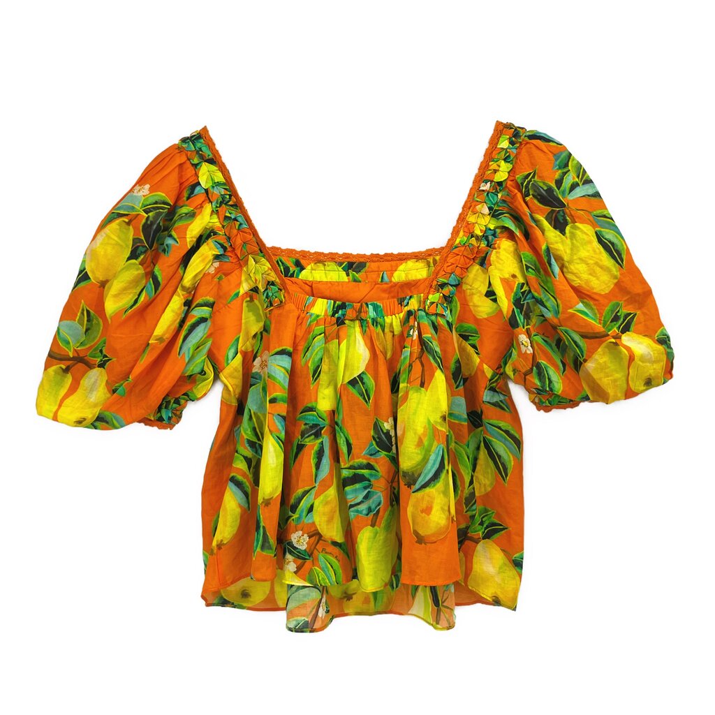 Orange tropical leaf print babydoll top with elastic square neckline and puff sleeves