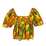 Orange tropical leaf print babydoll top with elastic square neckline and puff sleeves