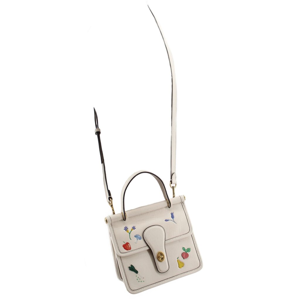 Cream crossbody with top handles and adjustable strap, garden floral embroidery