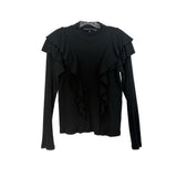 Black long-sleeve top with layered ruffle shoulder detail and crew neckline