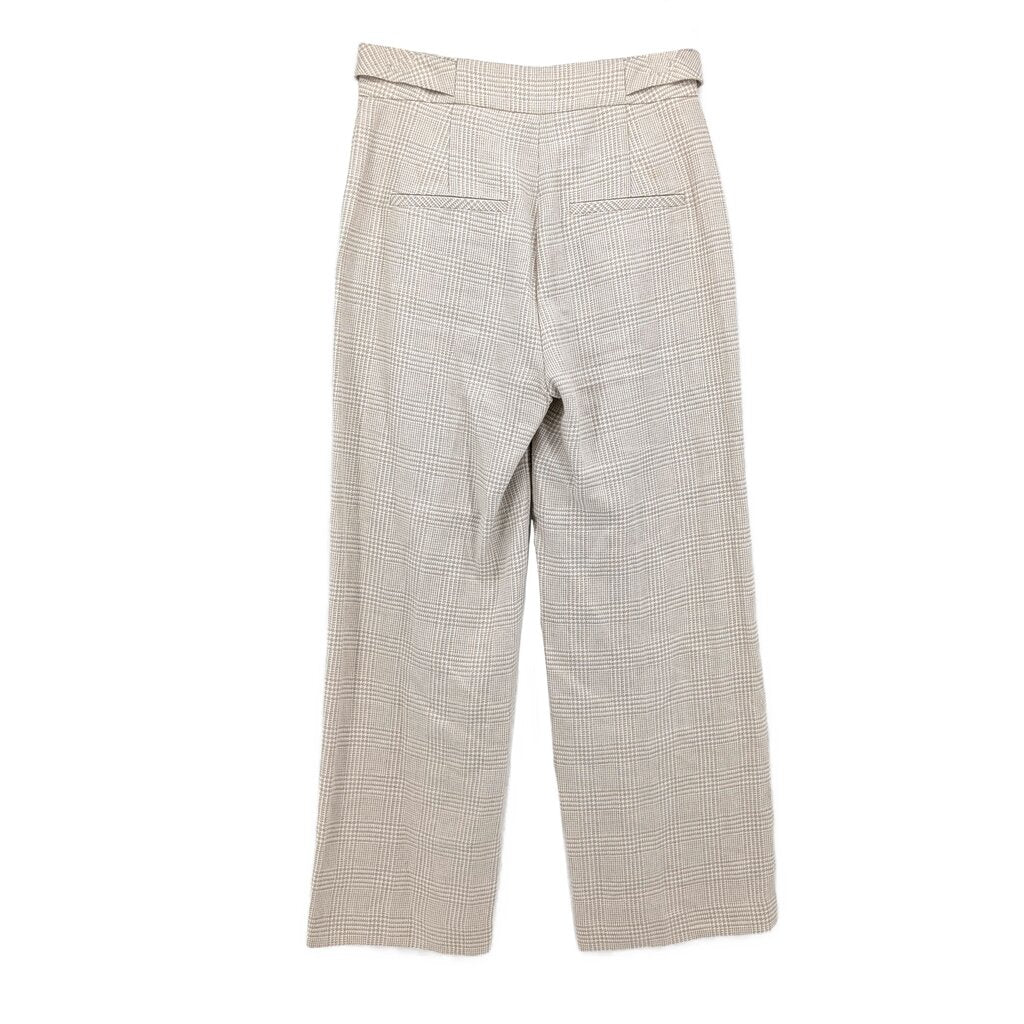 Beige plaid pants with flat front, belt loops, and cropped straight leg