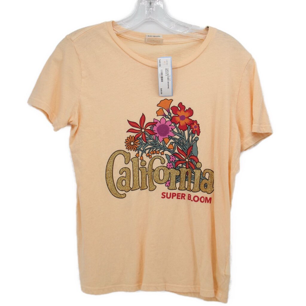 Peach graphic short-sleeve top with colorful California flower logo on front