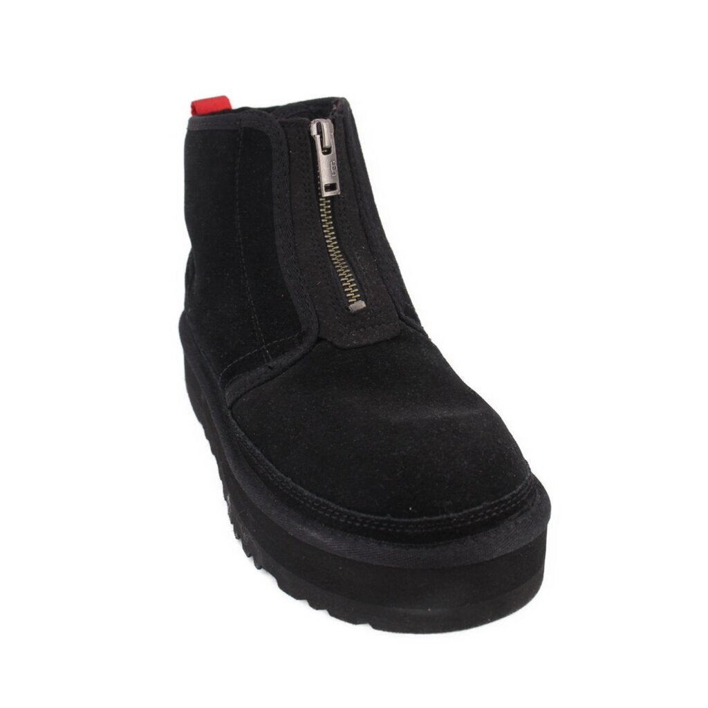 UGG black platform bootie with side zipper and red pull tab, suede upper
