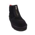 UGG black platform bootie with side zipper and red pull tab, suede upper