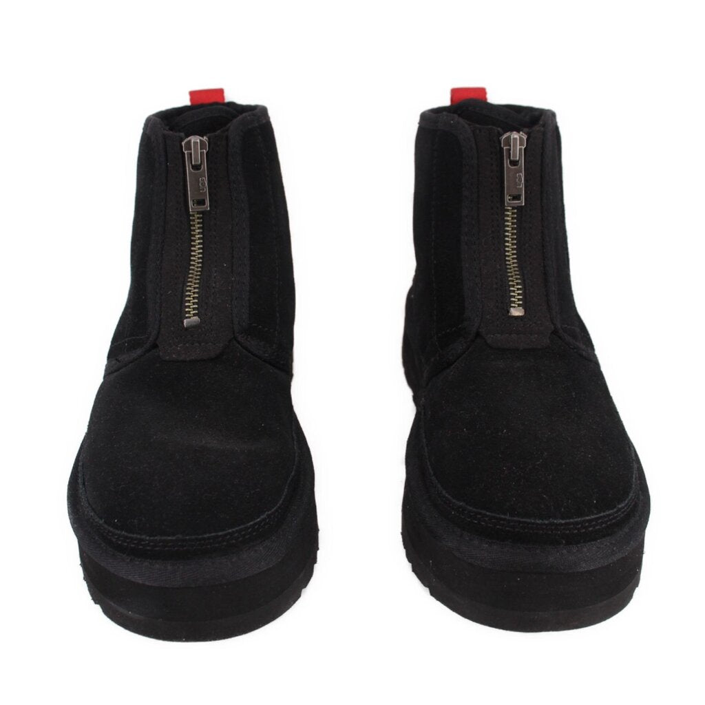 UGG black suede platform bootie, side zipper centered on two rear and front views
