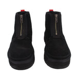 UGG black suede platform bootie, side zipper centered on two rear and front views