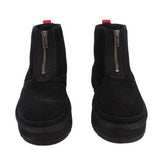 UGG black suede platform bootie, side zipper centered on two rear and front views
