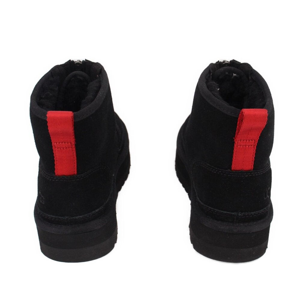 UGG black platform bootie with red heel pull tab and padded collar, back view