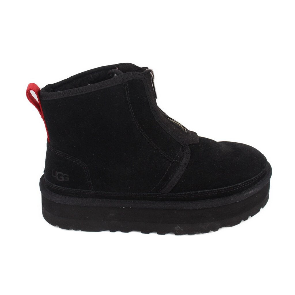 UGG black suede platform bootie with side zipper and red pull tab, rounded toe