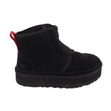UGG black suede platform bootie with side zipper and red pull tab, rounded toe