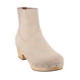 FRYE suede ankle booties in beige with wooden block heel and side gore panels