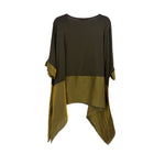 Two-tone tunic top, dark green upper with olive band, loose batwing sleeves, asym hem
