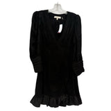 Black long-sleeve dress with V-neck, ruched bodice, puff sleeves, ruffled hem