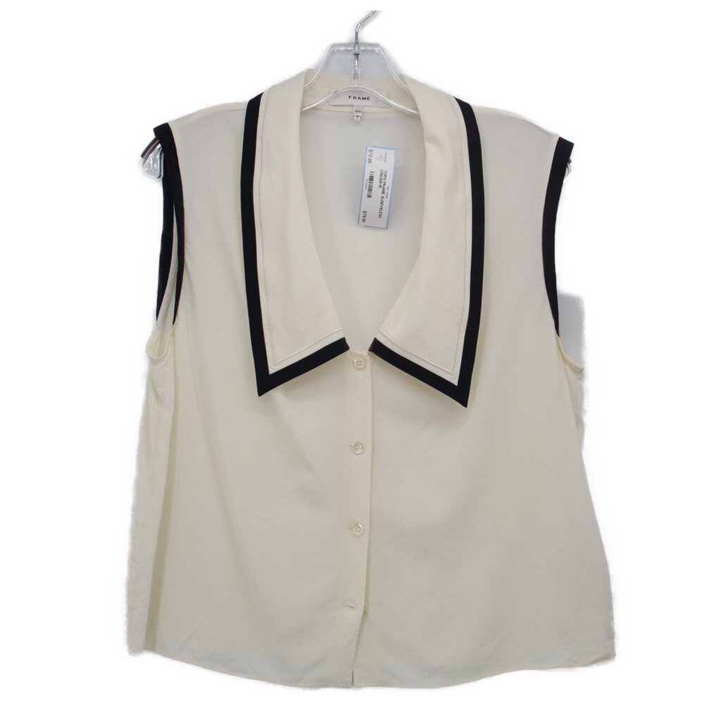 Cream sleeveless top with black-trimmed V-neck collar and button front