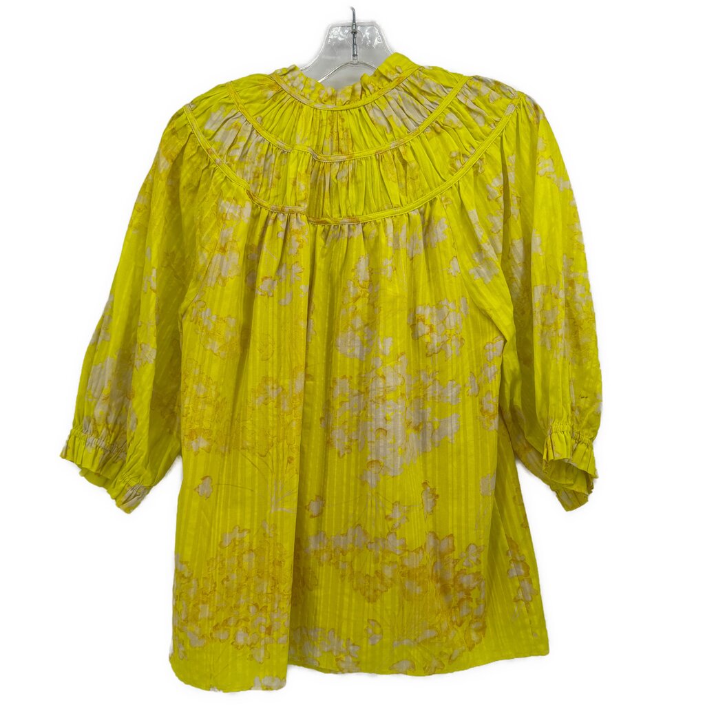 Yellow print blouse with gathered back yoke and 3/4 puff sleeves
