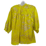 Yellow print blouse with gathered back yoke and 3/4 puff sleeves