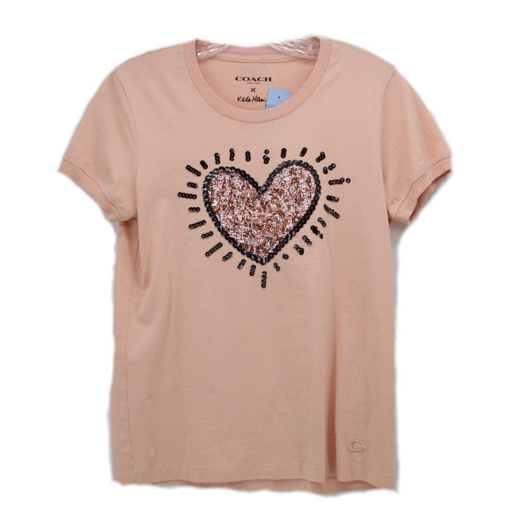 COACH graphic T-shirt, peach, with sequin heart front and crew neck