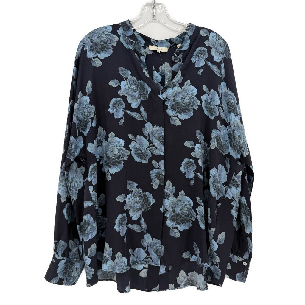 Floral blouse with V-neck, long sleeves, navy with light blue blooms