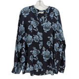 Floral blouse with V-neck, long sleeves, navy with light blue blooms