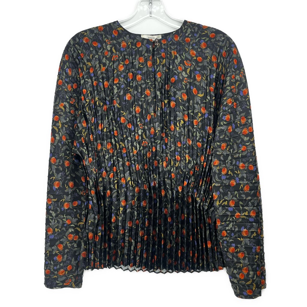 Black pleated long-sleeve top with orange floral print and round neckline