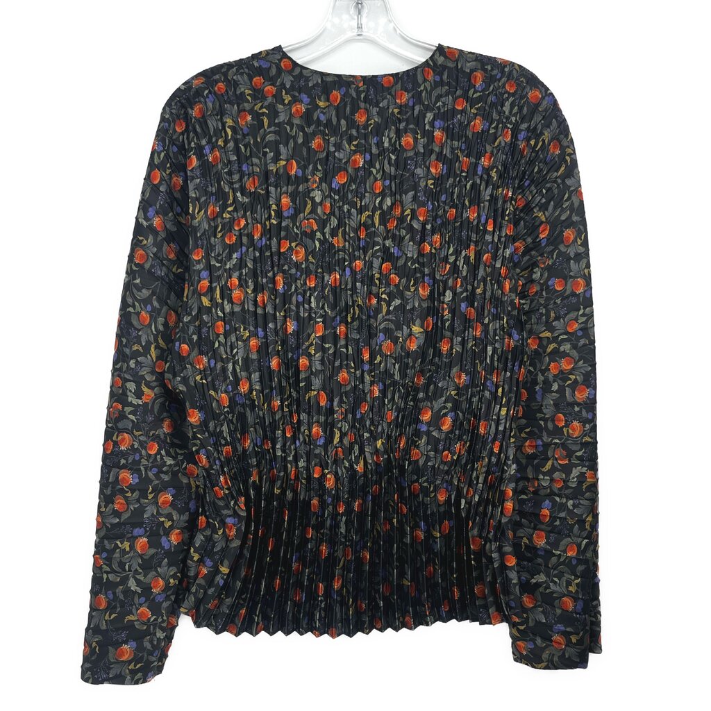 Black floral pleated blouse with long sleeves and crew neckline