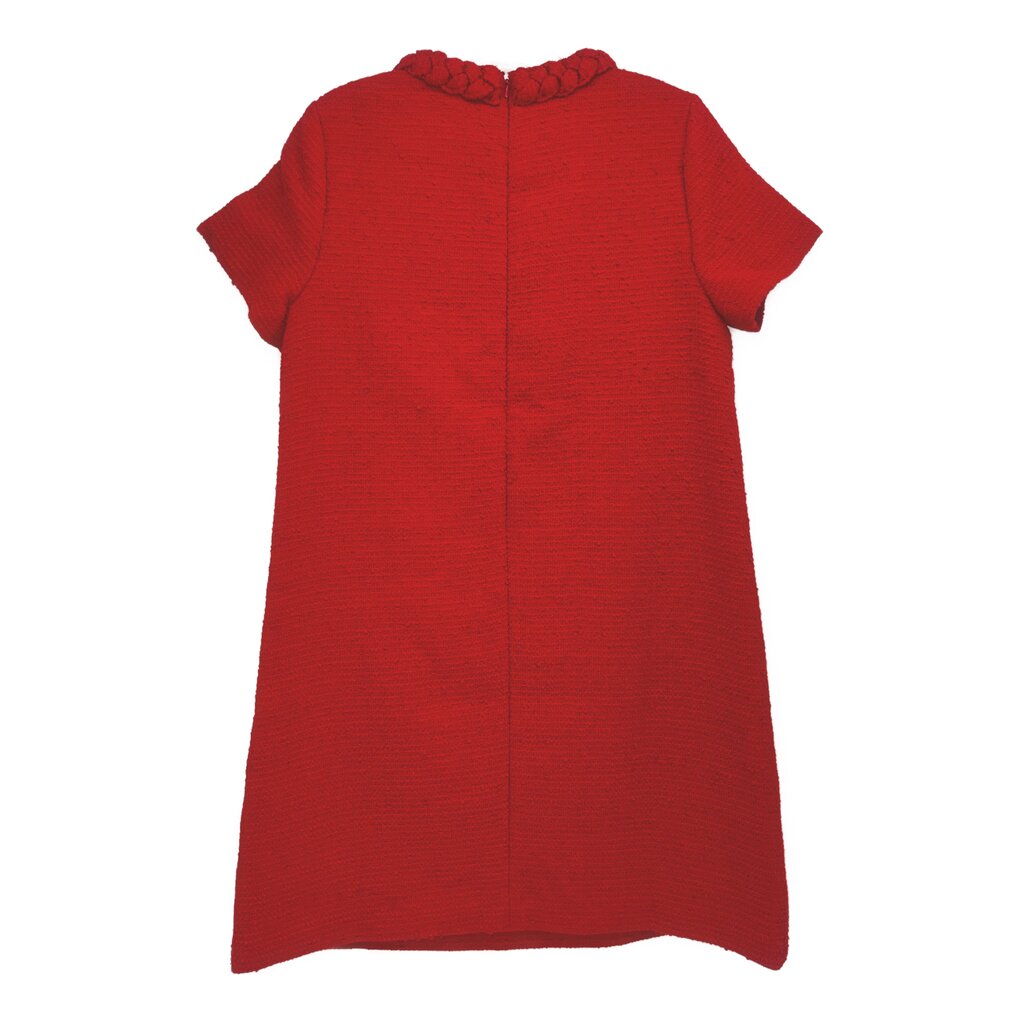 Red tweed shift dress with short sleeves and back seam