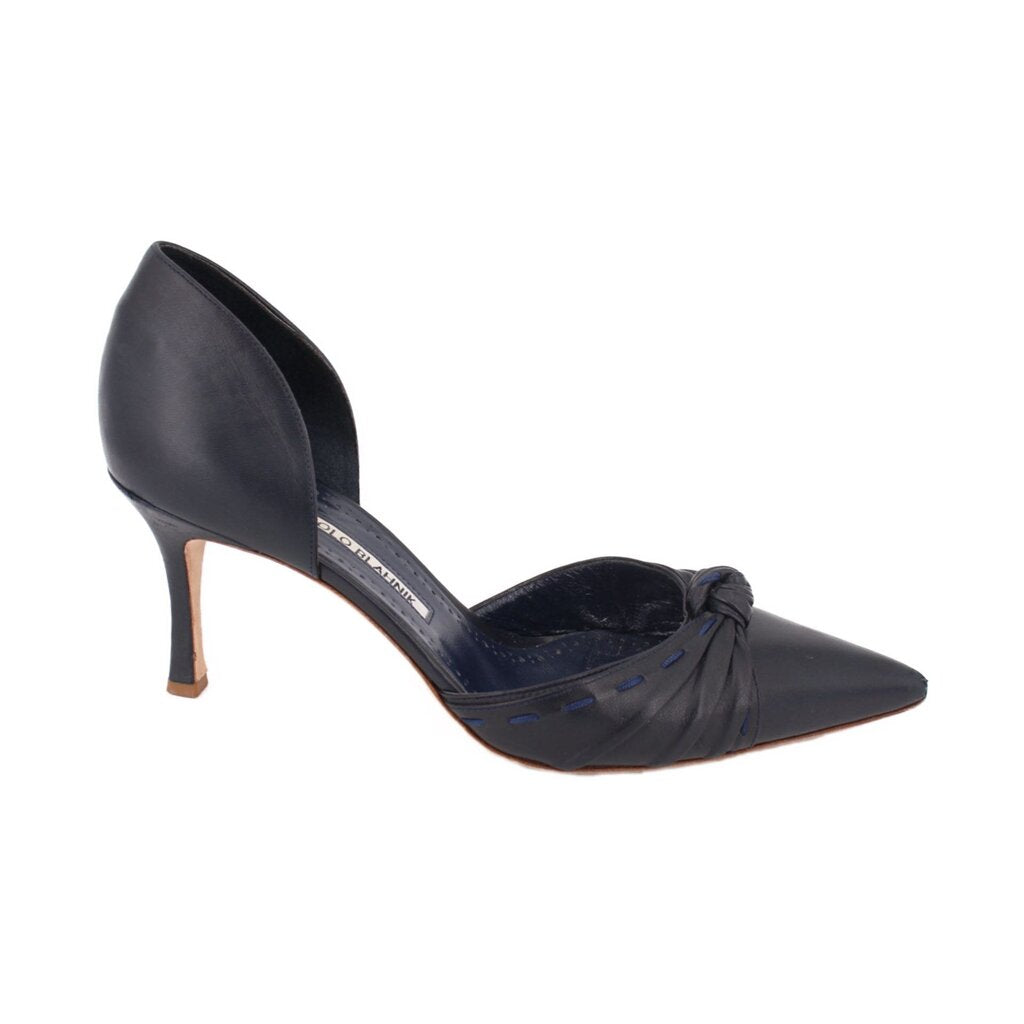 Navy leather stiletto heel pump with twisted knot at the toe