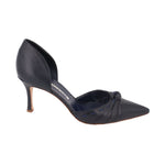Navy leather stiletto heel pump with twisted knot at the toe
