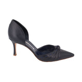 Navy leather stiletto heel pump with twisted knot at the toe