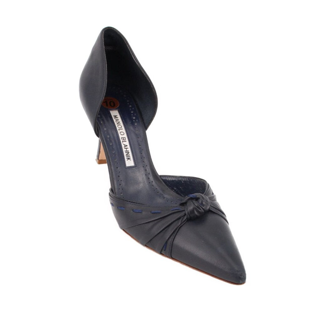 Navy leather pointed-toe pump heel with gathered knot at vamp