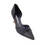 Navy leather pointed-toe pump heel with gathered knot at vamp