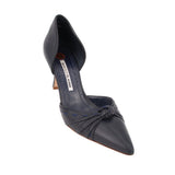 Navy leather pointed-toe pump heel with gathered knot at vamp
