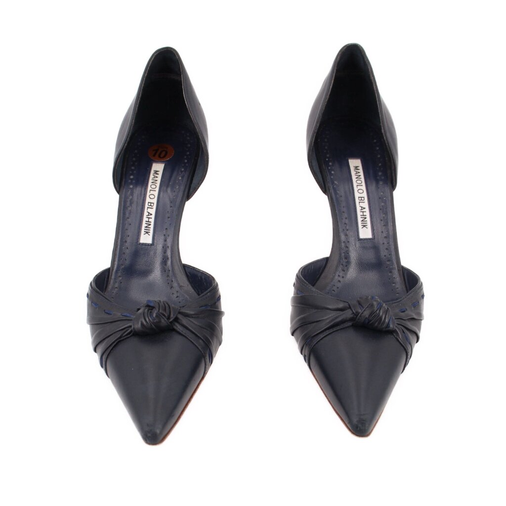Navy leather pointed-toe heels, pair view, with knot bow at vamp