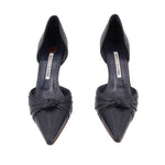 Navy leather pointed-toe heels, pair view, with knot bow at vamp
