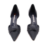 Navy leather pointed-toe heels, pair view, with knot bow at vamp