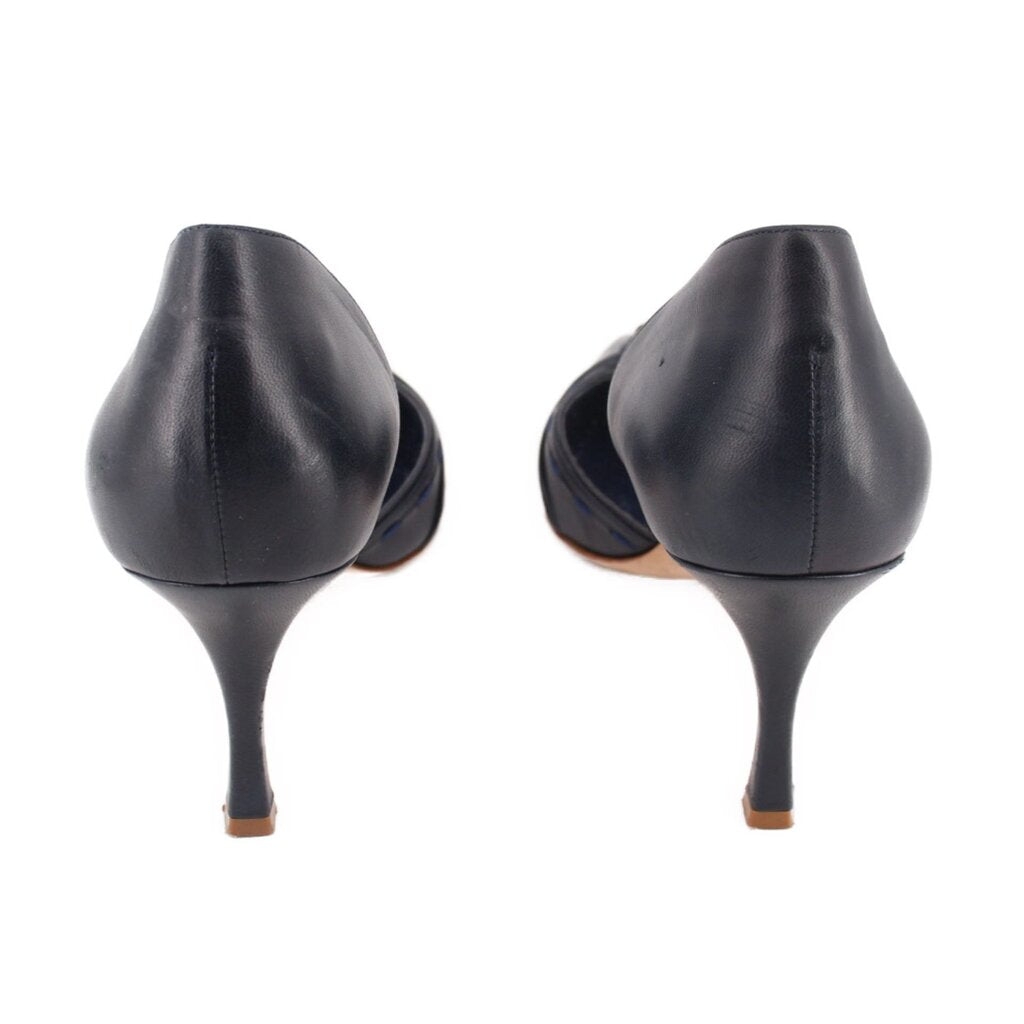 Navy leather stiletto heels with slender heels and curved counter