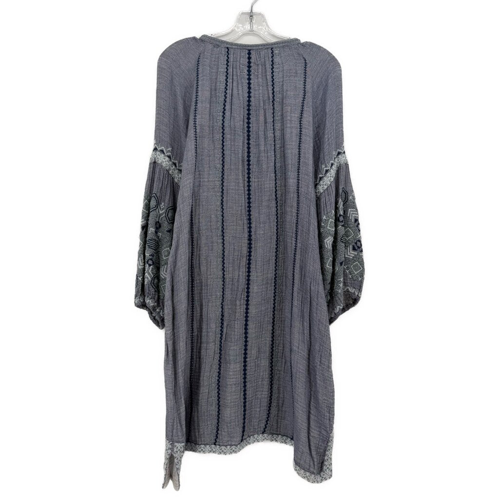 Embroidered blue long-sleeve dress with pleated back yoke and patterned sleeves