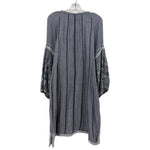 Embroidered blue long-sleeve dress with pleated back yoke and patterned sleeves