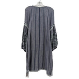 Embroidered blue long-sleeve dress with pleated back yoke and patterned sleeves