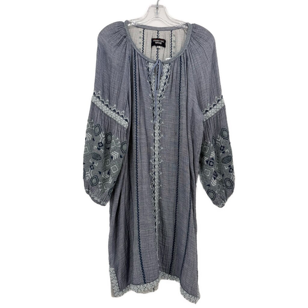 Embroidered blue shift dress with gathered neckline and decorative trim, long sleeves