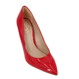 Red patent leather pointed-toe heels with a curved vamp and glossy finish