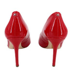 Red patent leather pointed-toe pumps with back view and small logo on heel
