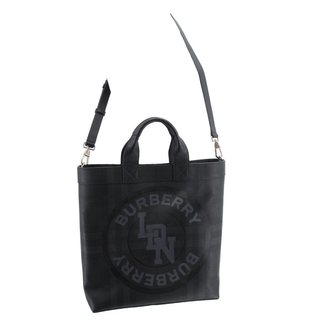 Black logo tote crossbody view with adjustable strap and top handles